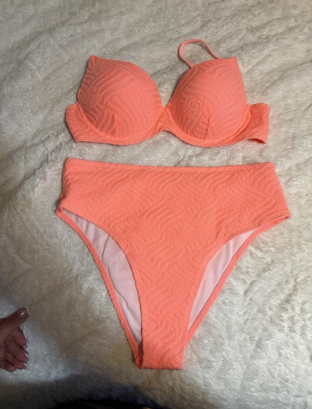 Orange Textured Push-Up Lined Bikini 2-Piece Spaghetti Straps M